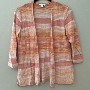 J Jill Orange Shades of Sherbet Sunset Open Cardigan Slub Knit 3/4 Sleeve